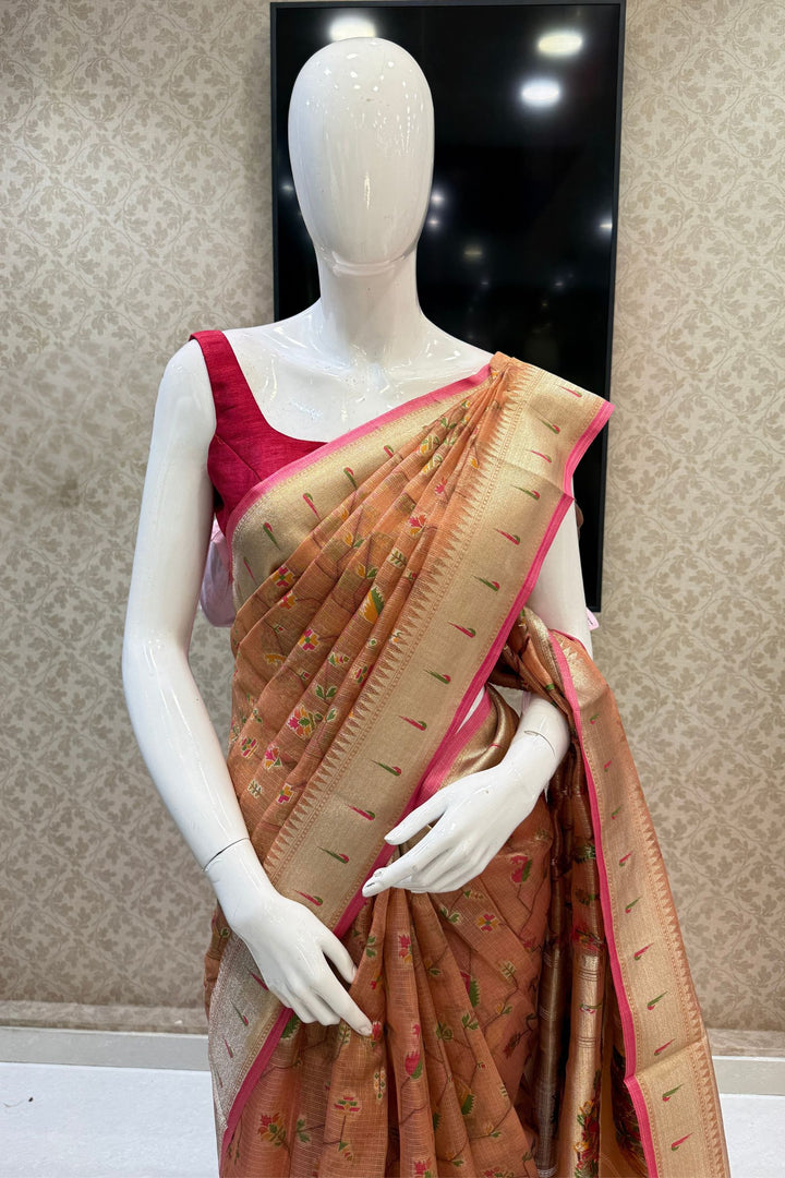 Orange Banaras and Zari Weaving work Saree
