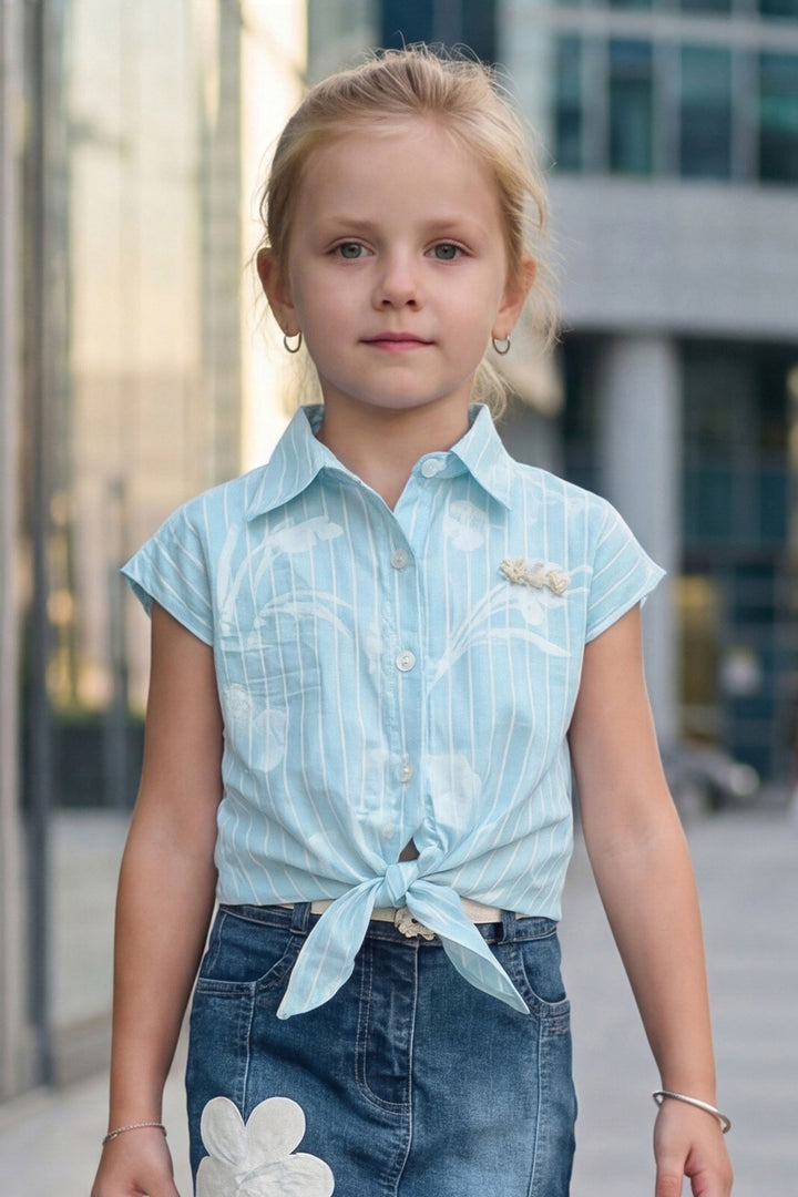 Sky Blue Digital Print Top and Skirt for Girls