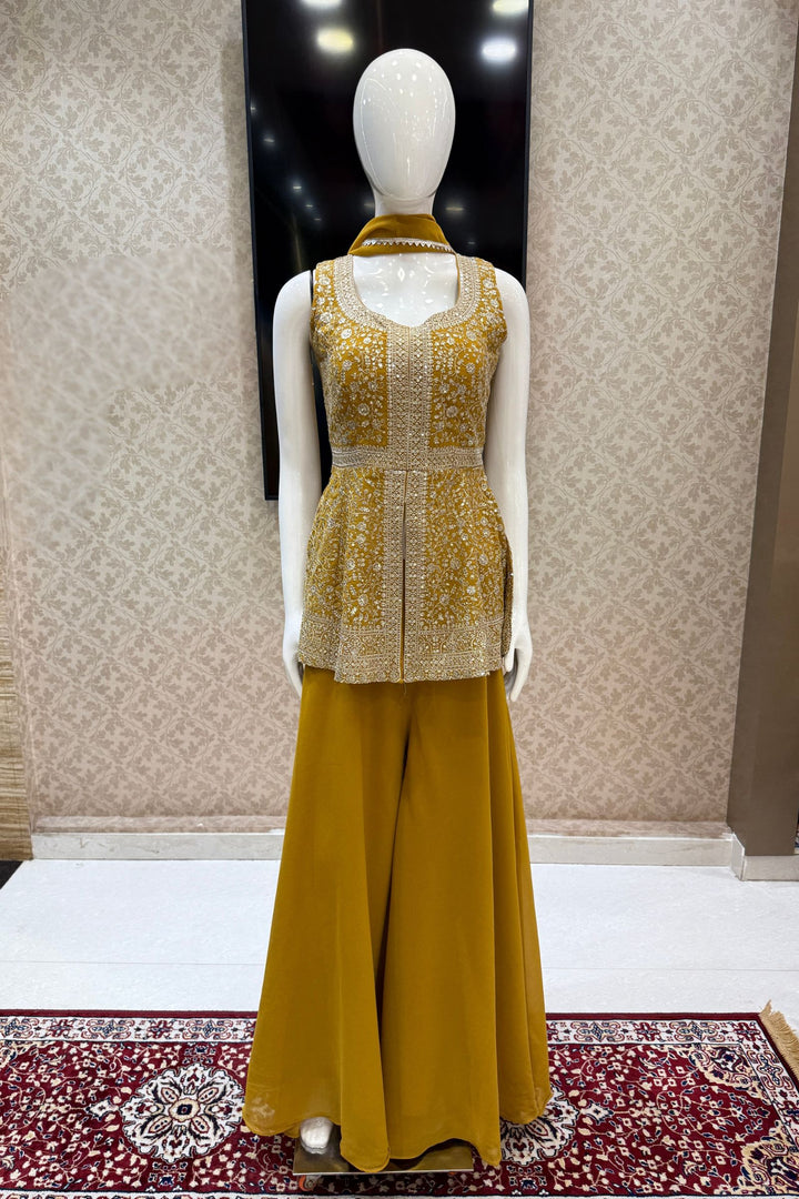 Mustard Silver Zari and Sequins work Peplum Top with Palazzo Suit Set