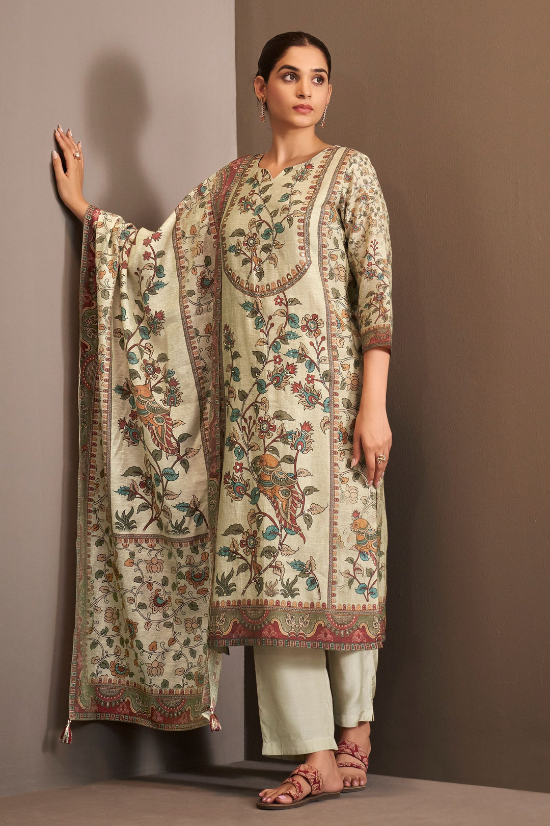 Beige Beads and Sequins work with Digital Print Straight Cut Salwar Suit