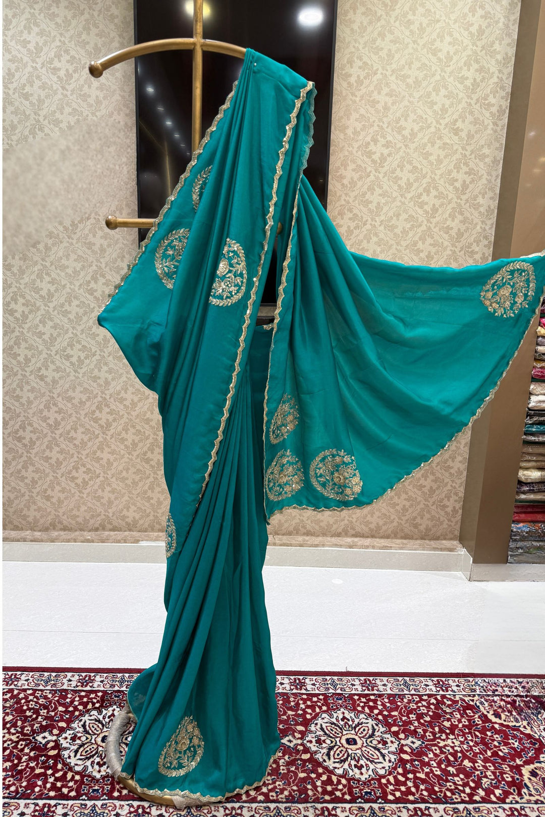 Rama Blue Saree with Sequins, Zari, Pearl and Beads work