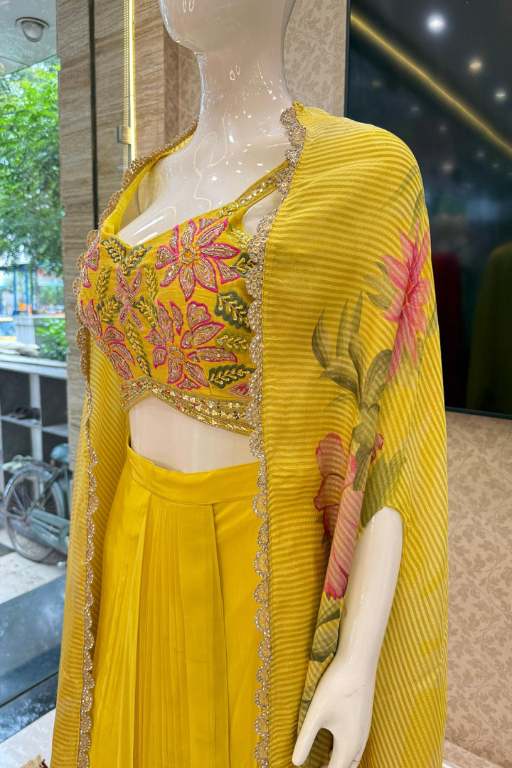 Lemon Yellow Multicolor Embroidery work with Digital Print Cape, Crop Top and Cowl Skirt