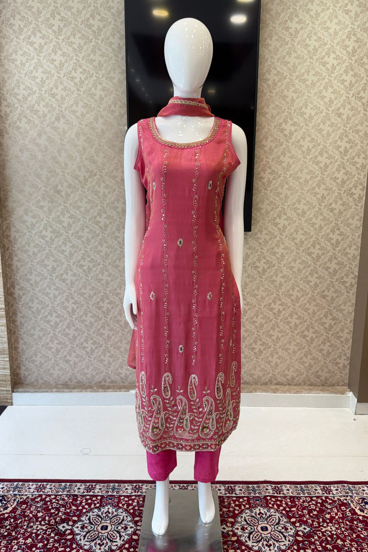 Onion Pink Zari, Stone, Sequins and Thread work Straight Cut Salwar Suit