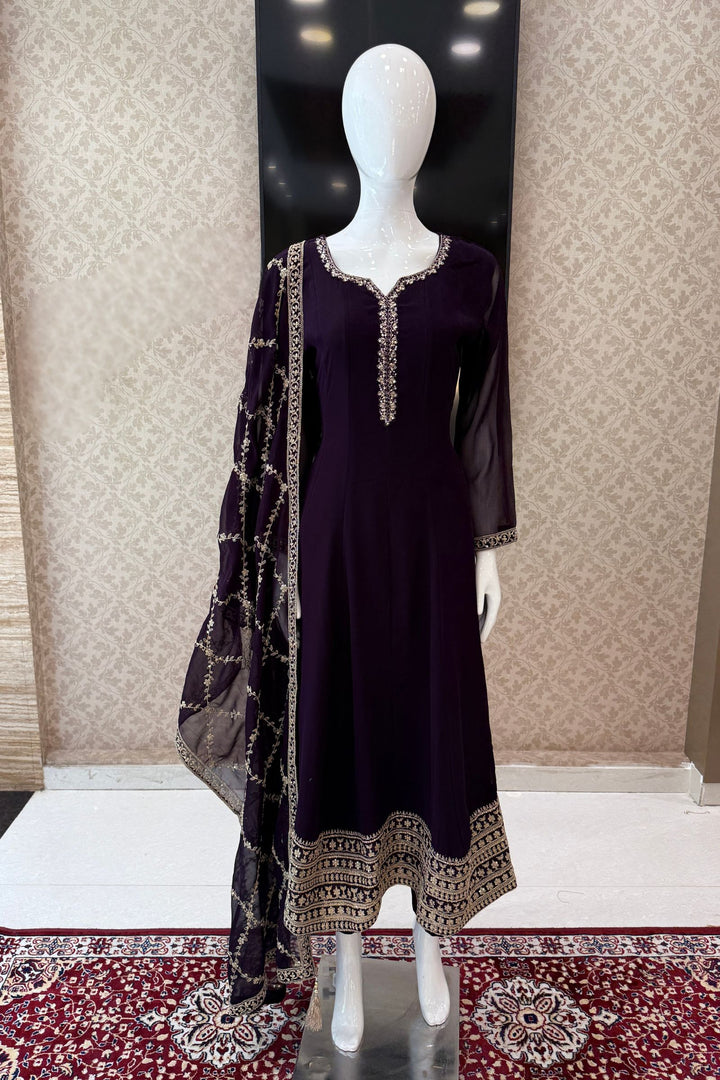 Dark Wine Stone, Sequins, Zardozi and Beads work Aline Cut Salwar Suit