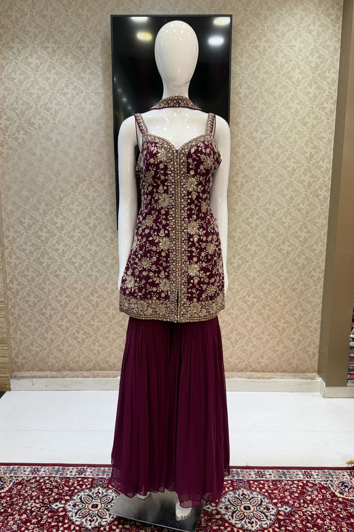 Wine Sequins, Zari, Stone, Mirror and Thread work Sharara Salwar Suit