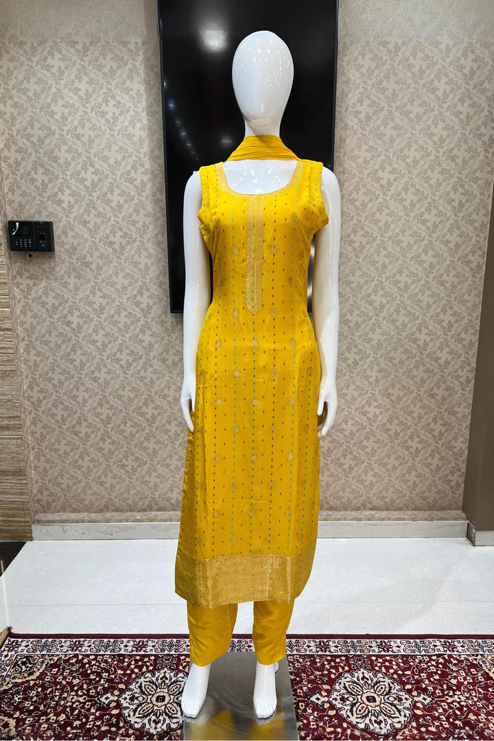 Yellow Banaras work Straight Cut Salwar Suit