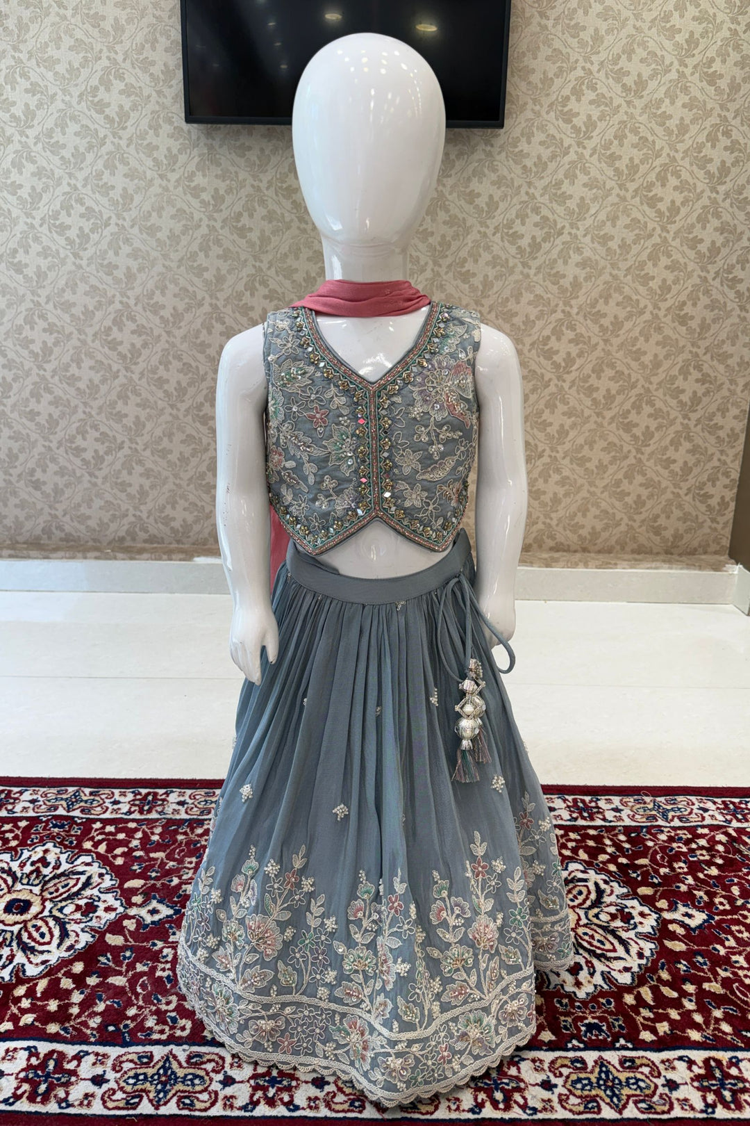 Sea Blue Thread, Beads, Stone and Mirror work Lehenga Choli for Girls