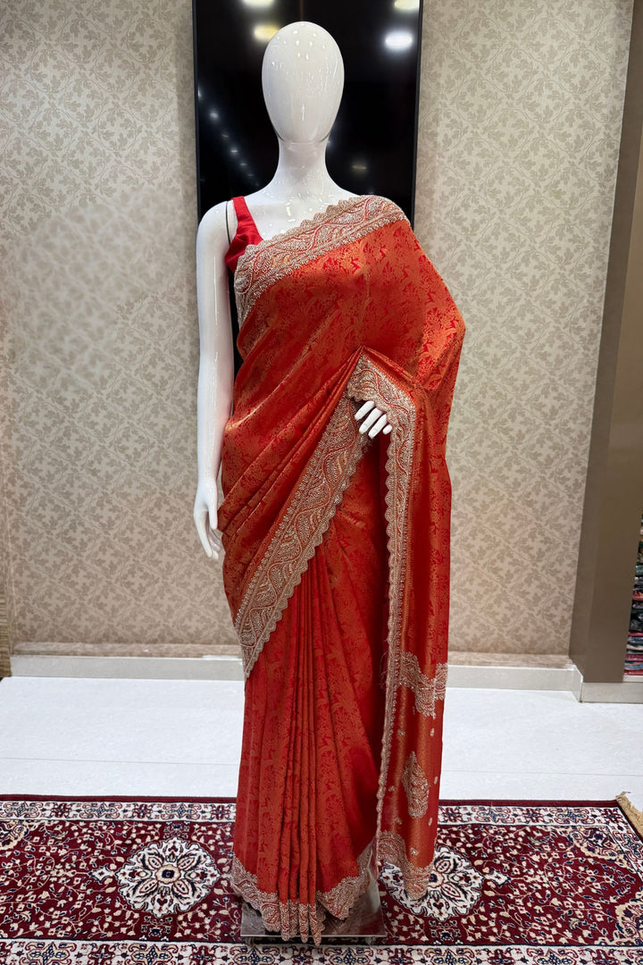 Crimson Red Banaras Silk Saree Featuring Intricate Beads, Sequins and Zari Cutwork Border