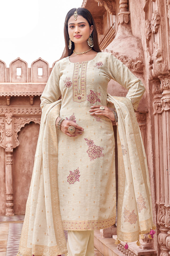 Beige Embroidery, Sequins and Zari work Straight Cut Salwar Suit