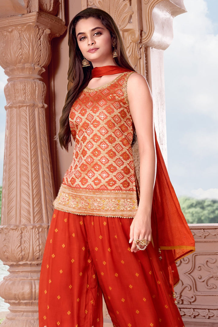 Brick Red Zari, Sequins, Zardozi and Beads work Palazzo Suit Set for Girls