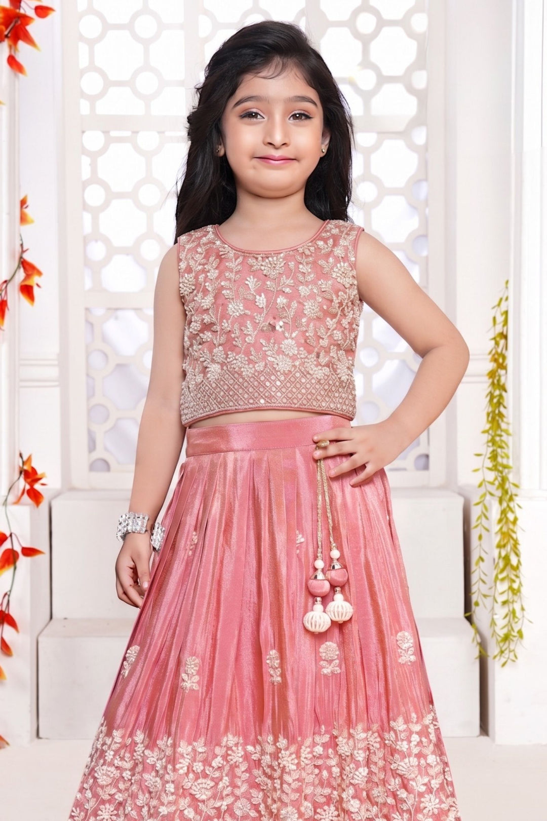 Peach Beads, Sequins and Thread work Lehenga Choli for Girls