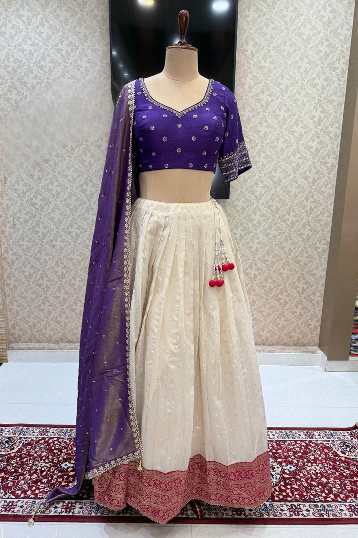 Designer Floral Banarasi Lehenga Set in Purple and Cream