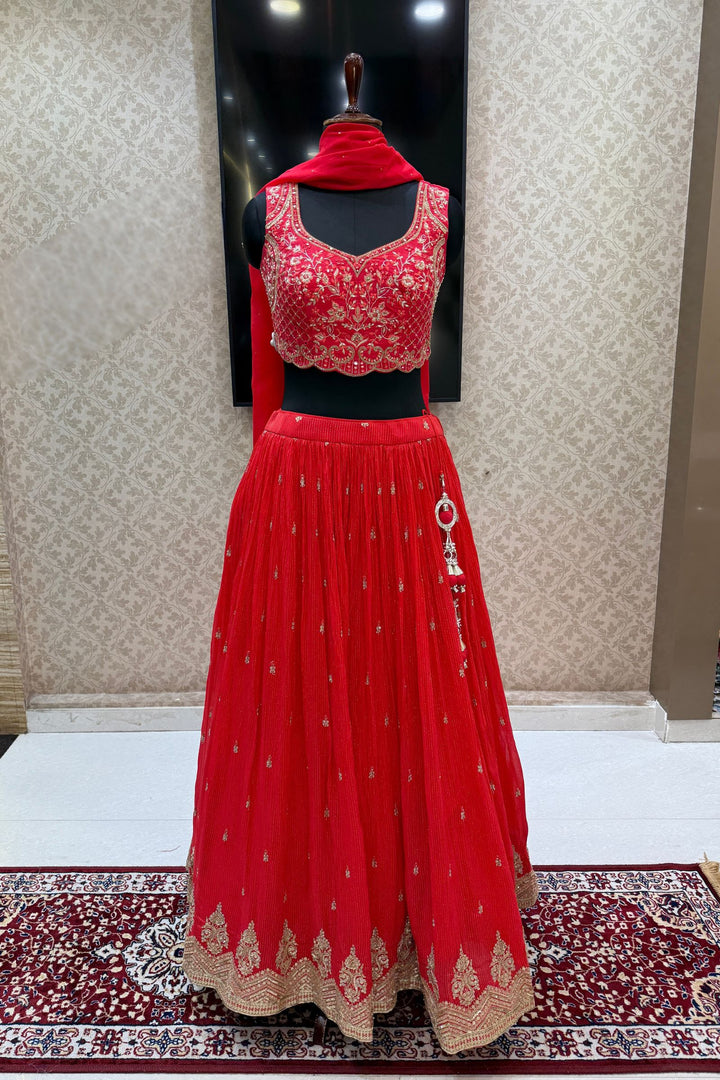 Red Mirror, Zardozi, Beads, Thread, Stone, Zari and Sequins work Crop Top Lehenga