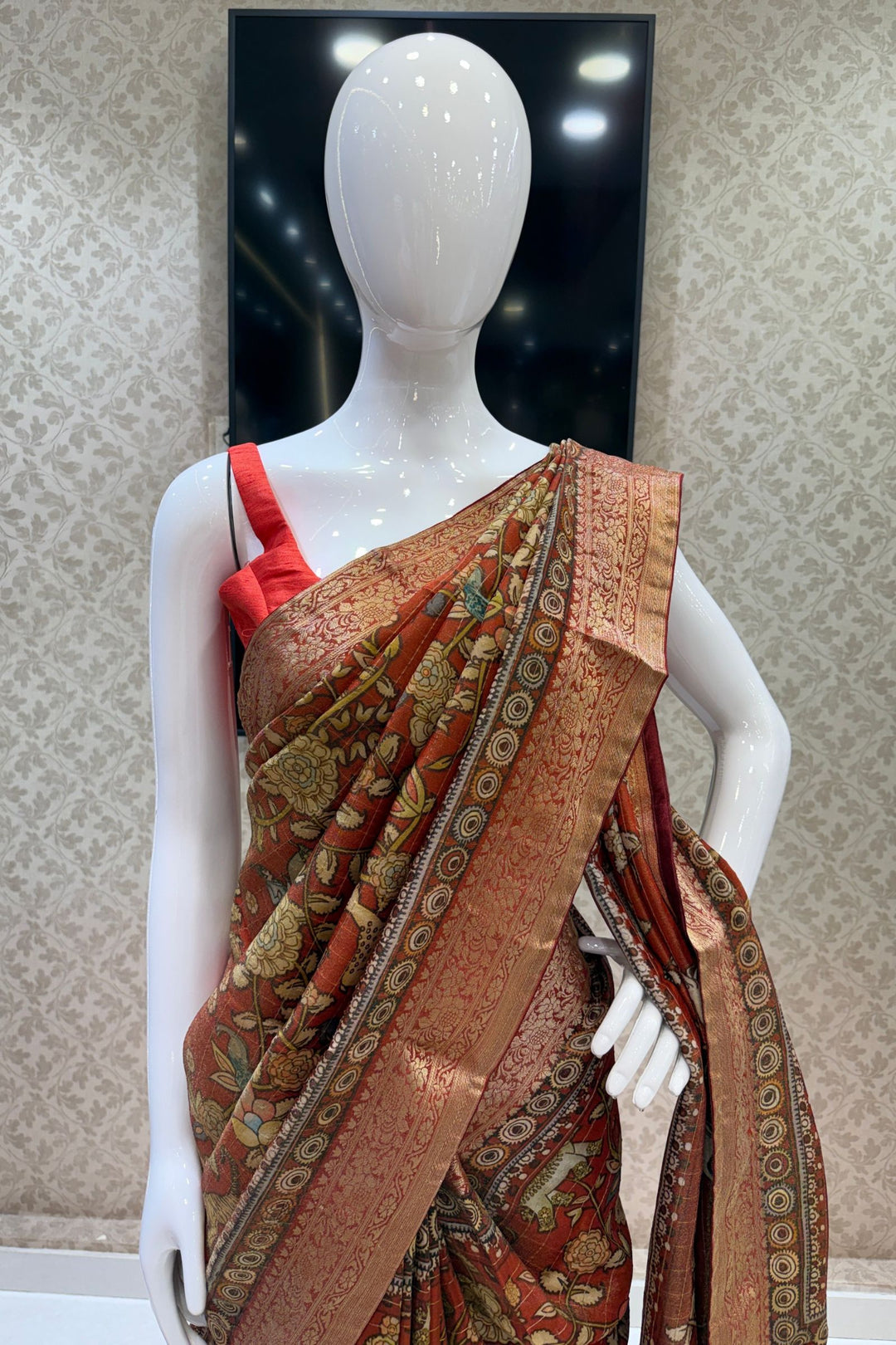 Rust Orange Saree with Traditional Kalamkari Prints and Banaras Zari Border