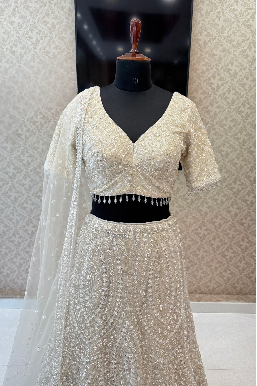 Cream Beads, Pearls and Sequins work Crop Top Designer Bridal Lehenga