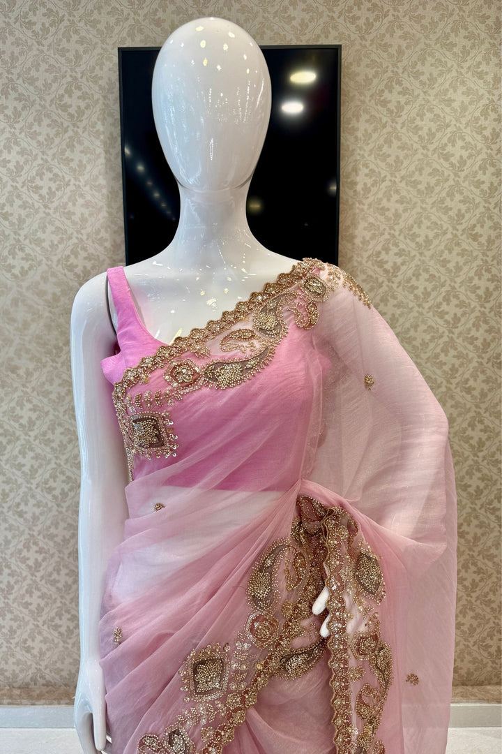 Pink Saree with Intricate Zari, Sequin and Beaded Embroidered Border