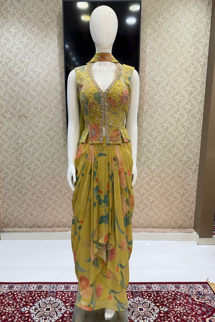 Lemon Green Indo-Western Styled Halter Neck Top and Cowl Skirt