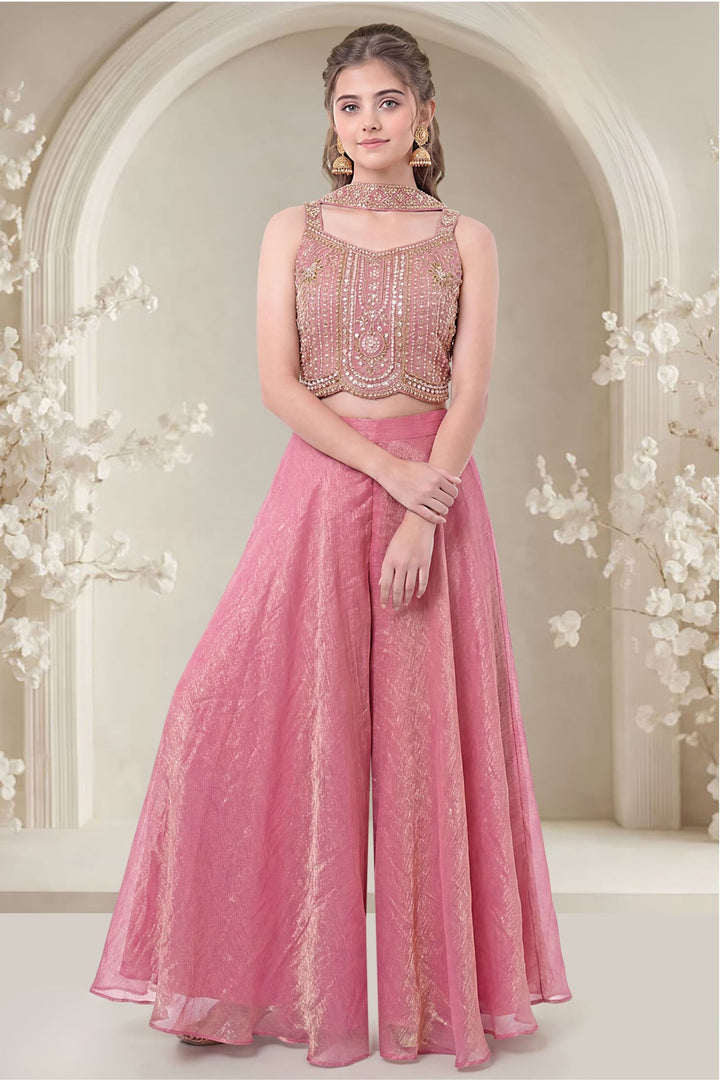 Pink Zari, Beads and Sequins work Palazzo Suit Set for Girls