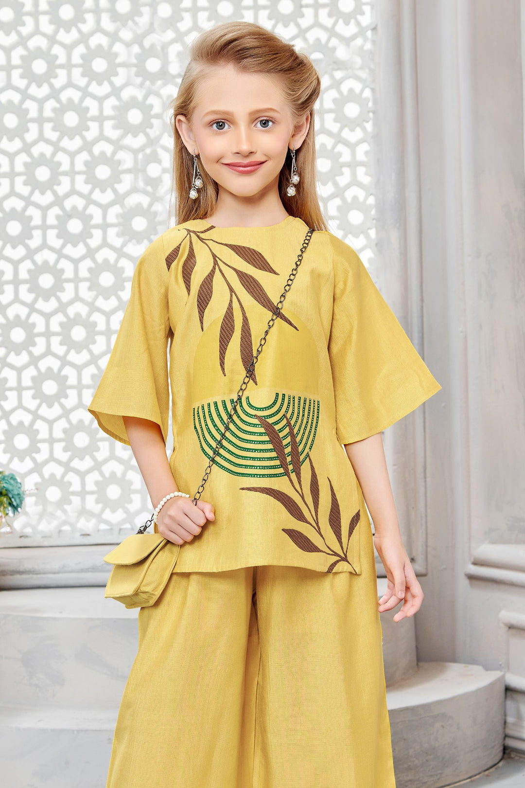 Mustard Stone work Co-ord Set for Girls