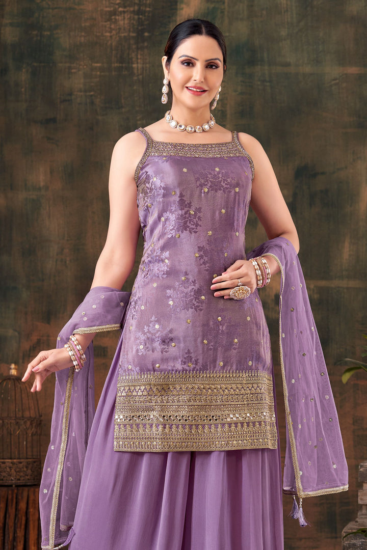 Purple Banaras, Sequins, Zari, Mirror, Stone and Beads work Palazzo Salwar Suit