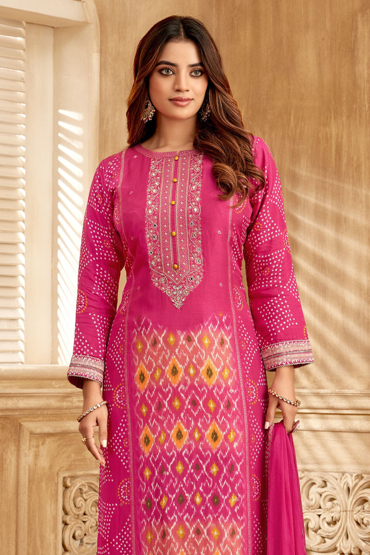 Rani Pink Banaras, Mirror and Zardozi work with Bandini Print Straight Cut Salwar Suit