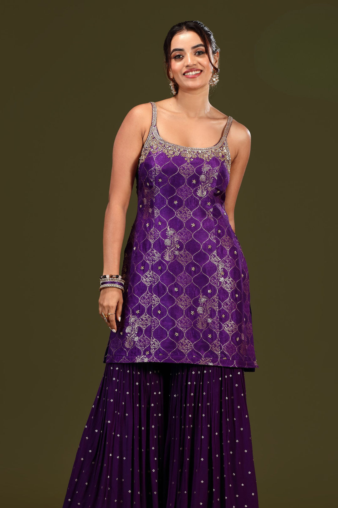 Purple Banaras, Sequins, Beads, Stone and Zardozi work Sharara Salwar Suit