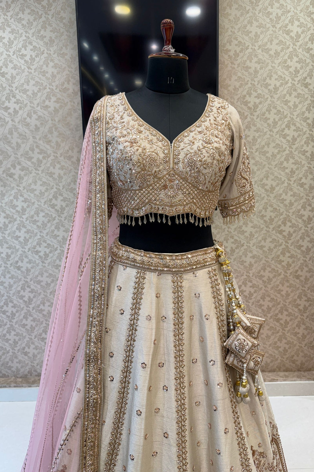 Designer Wedding Lehenga in Cream with Beads, Zari and Sequins Work