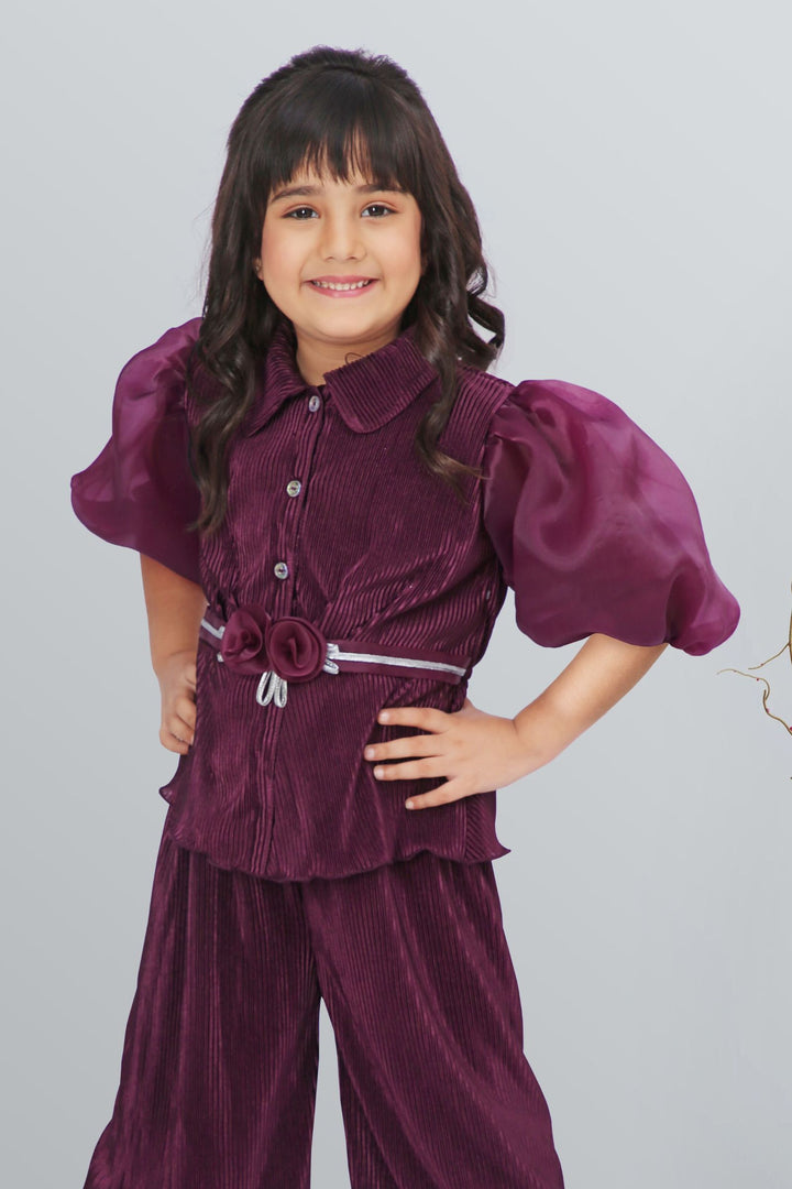 Wine Trendy Culottes Set for Girls