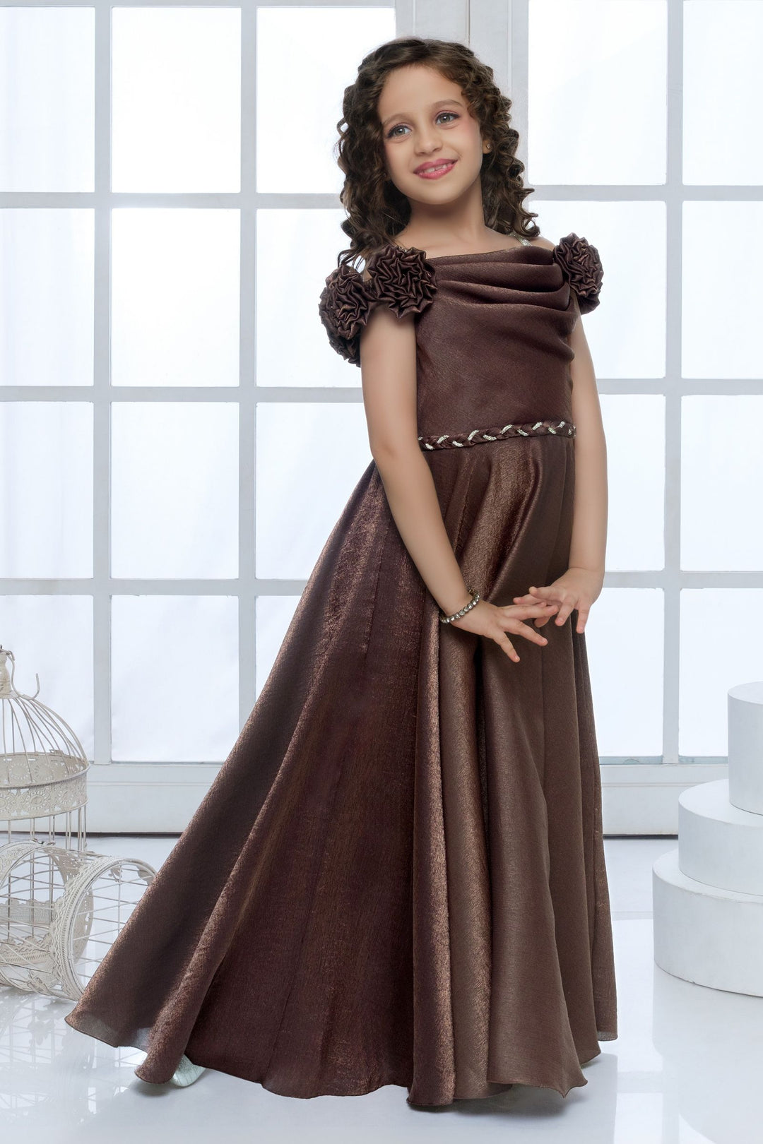 Brown Cowl Neck Flared Gown with Floral Rosette Detail for Girls