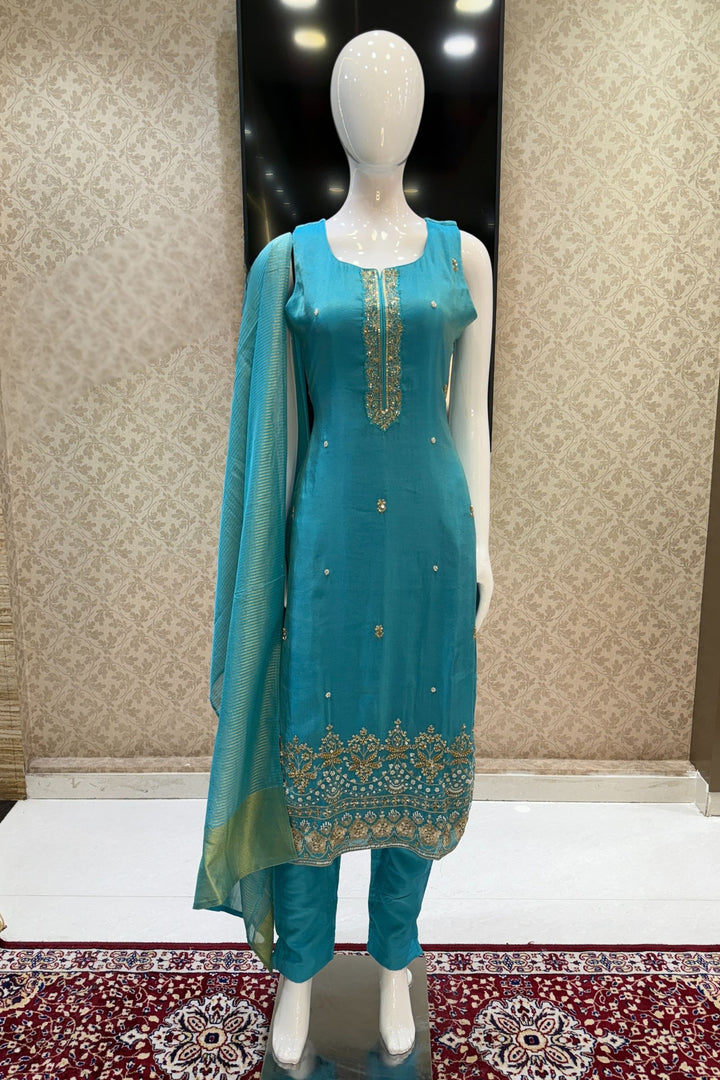Rama Blue Beads, Zari, Stone and Sequins work Straight Cut Salwar Suit