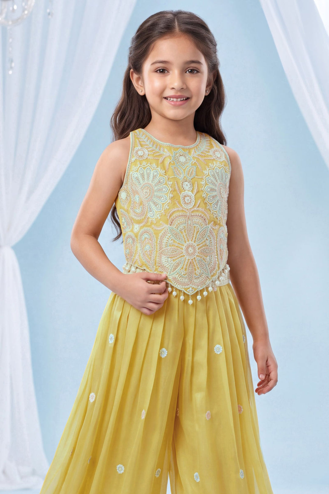 Yellow Beads and Sequins work Palazzo Suit Set for Girls