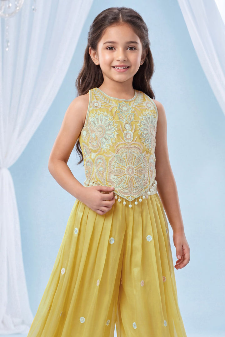 Yellow Beads and Sequins work Palazzo Suit Set for Girls
