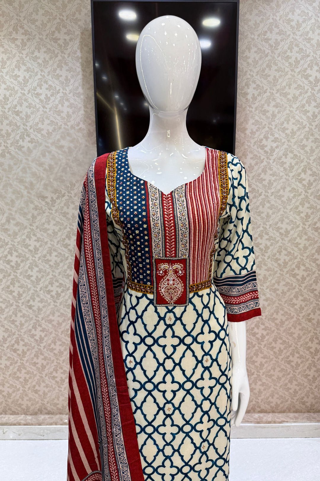 Cream with Peacock Blue Beads and Mirror work with Ajrakh Print Straight Cut Salwar Suit