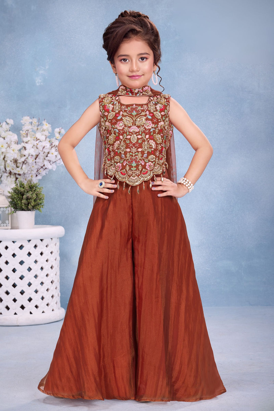 Rust Beads and Embroidery work Palazzo Suit Set for Girls