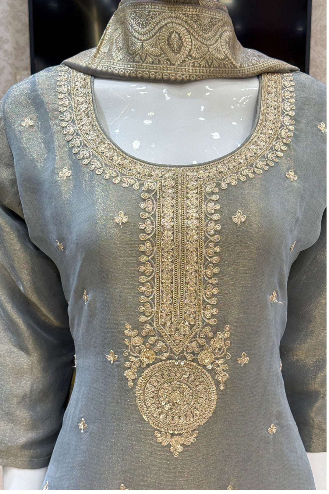 Grey Sequins, Zari and Banaras work Straight Cut Salwar Suit