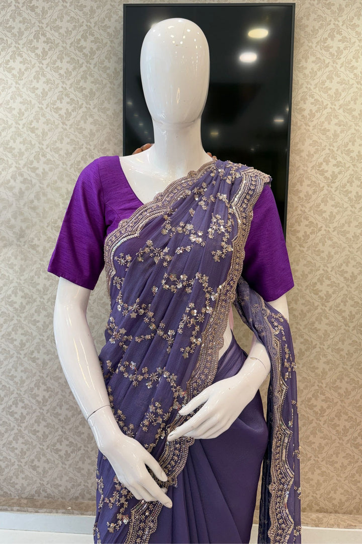 Purple Sequins, Beads and Zari work Saree