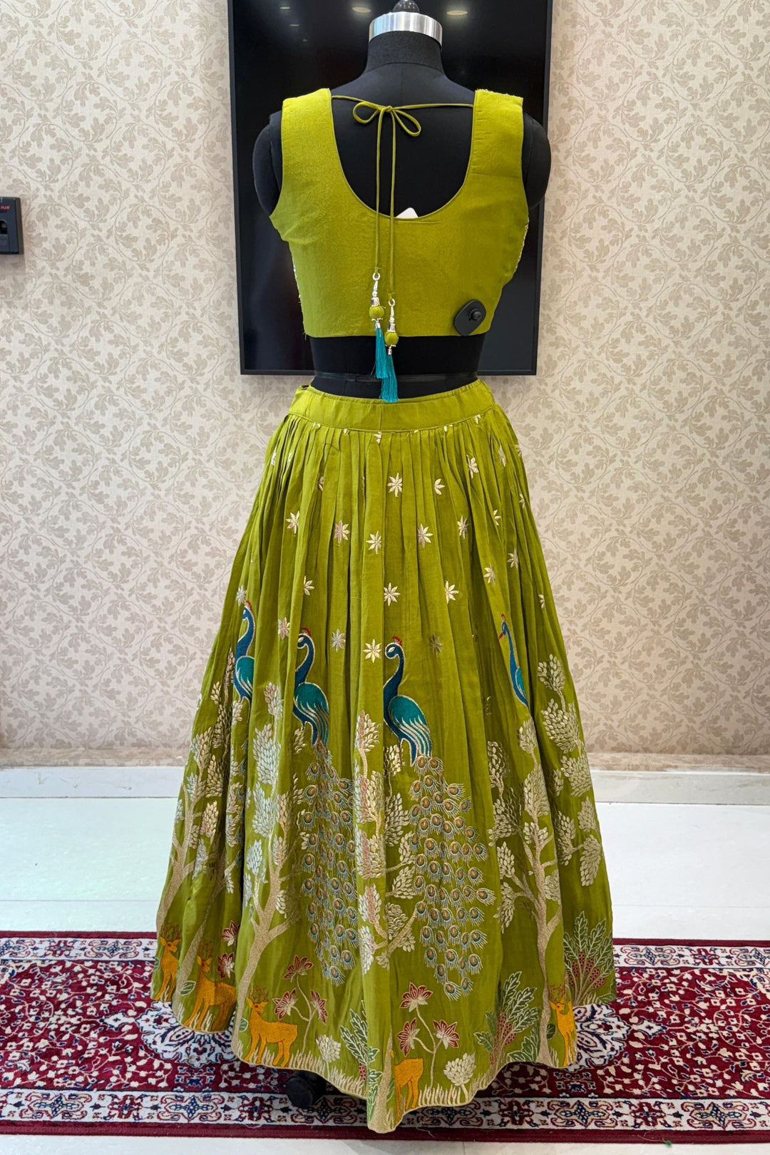 Mehendi Green Zari, Zardozi, Mirror, Stone and Multicolor Embroidery work Crop Top Lehenga