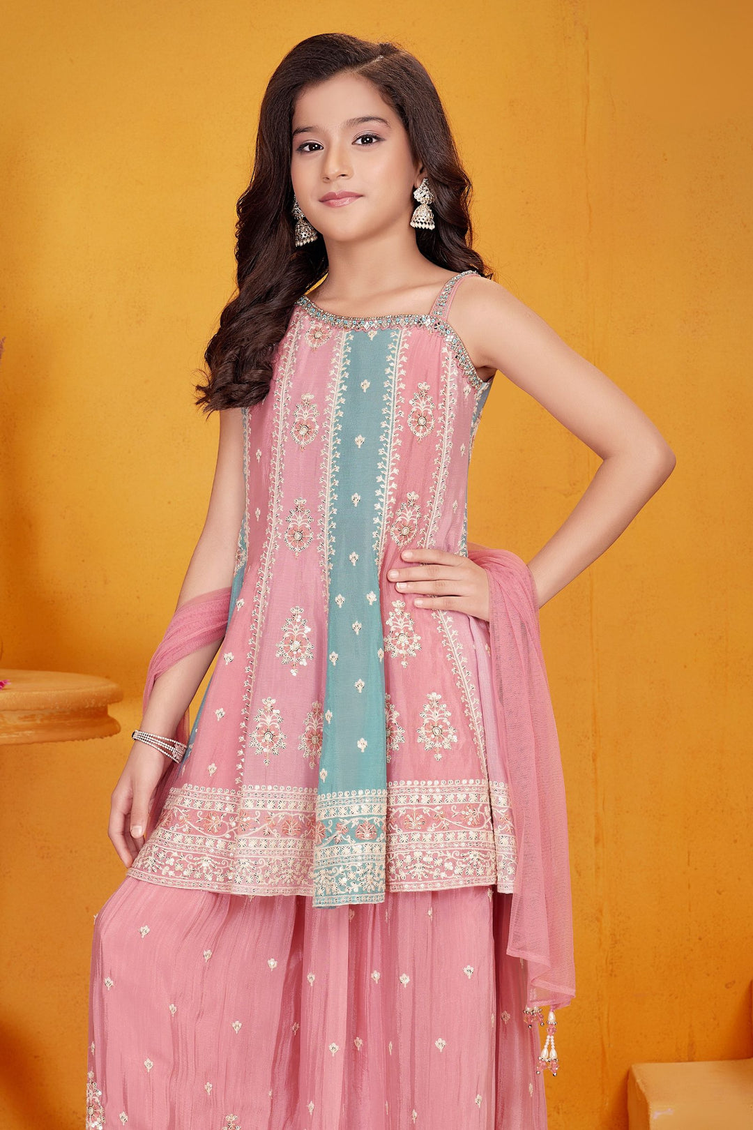 Baby Pink Thread, Sequins, Mirror and Stone work Palazzo Suit Set for Girls