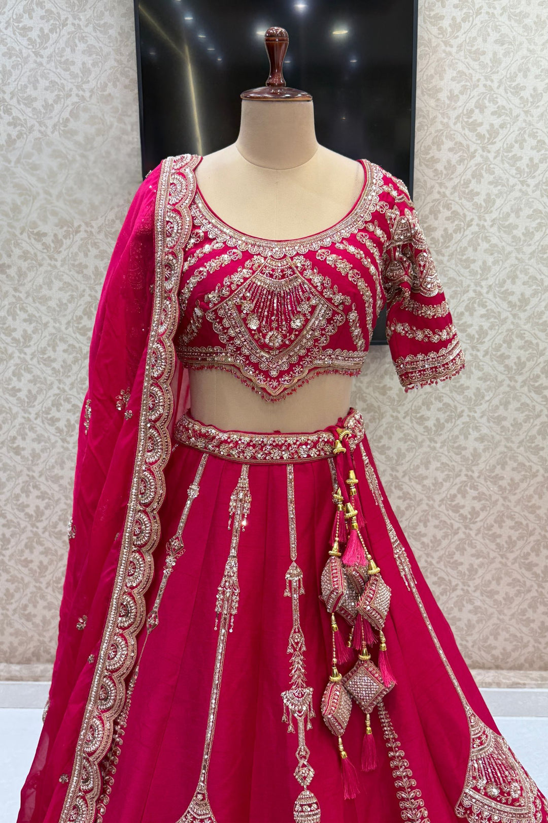 Rani Pink Zari, Sequins, Beads and Zardozi work Crop Top Designer Bridal Lehenga with Belt