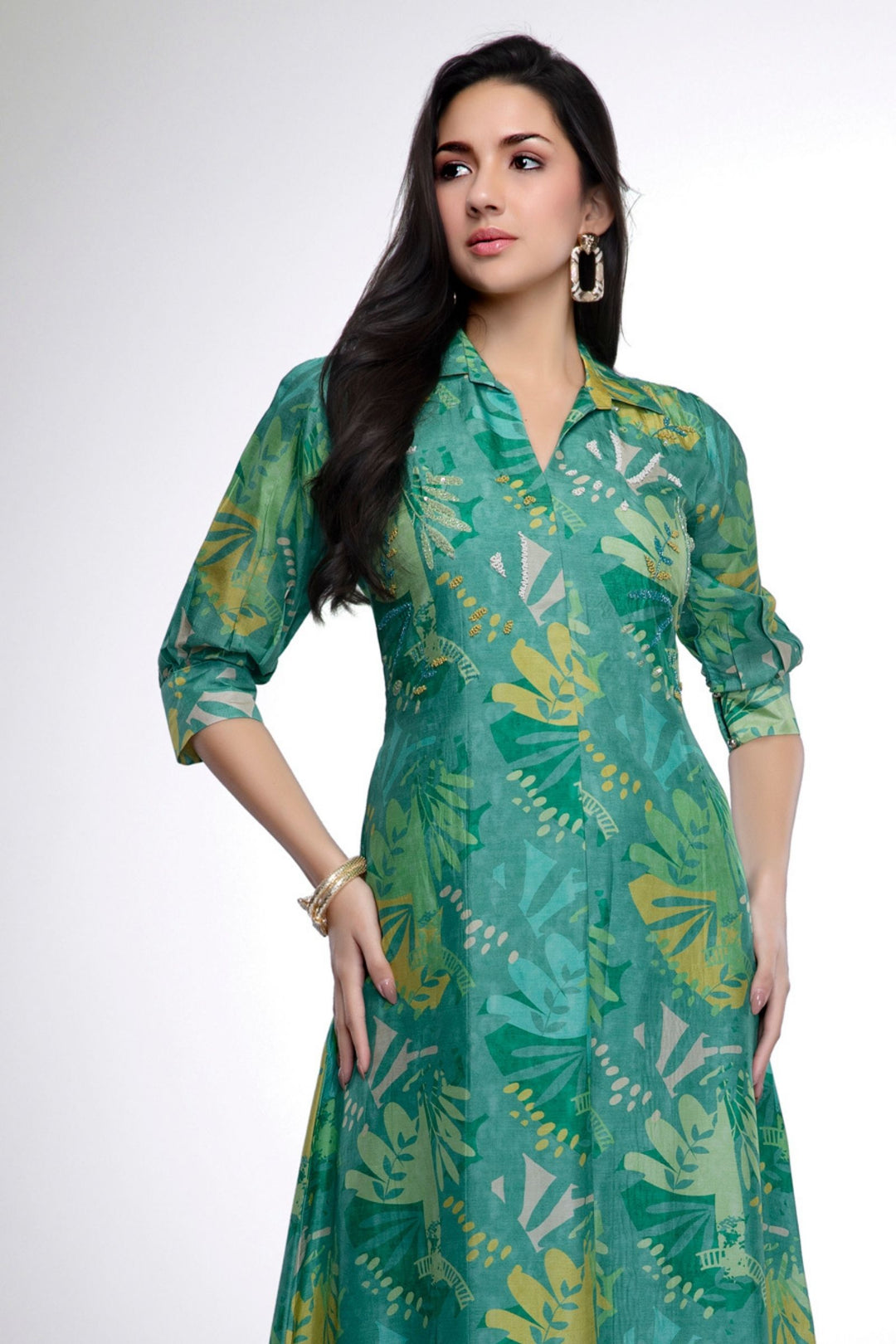 Green Beads work with Multicolor Digital Print Calf Length Kurti
