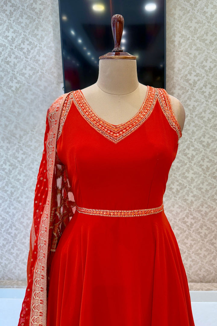Orange Beads and Sequins work Anarkali Gown with Traditional Banaras work Dupatta
