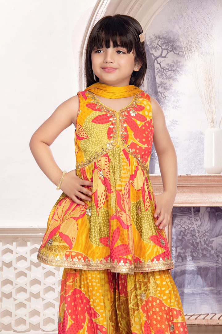 Yellow Zari and Sequins work Alia Cut Peplum Top and Sharara Set for Girls