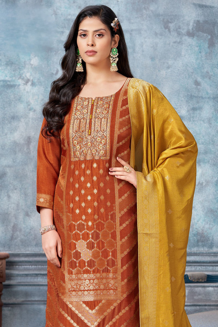 Orange Banaras, Zardozi, Beads, Sequins and Thread work Straight Cut Salwar Suit