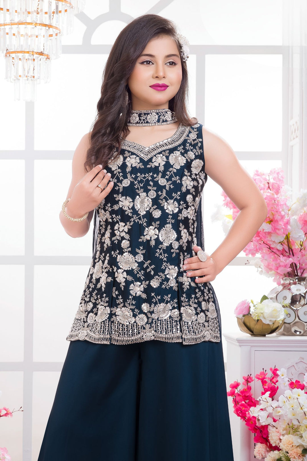 Peacock Blue Beads and Sequins work Palazzo Suit Set for Girls