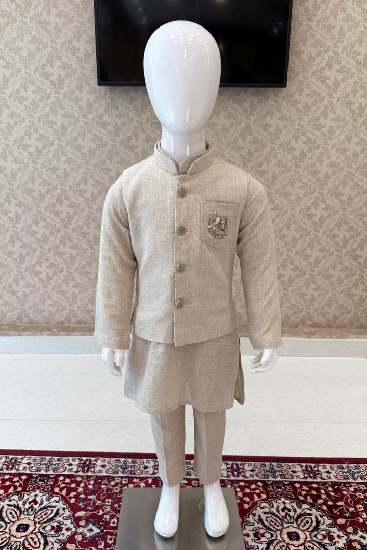 Beige Beads work Waist Coat Kurta Set for Boys