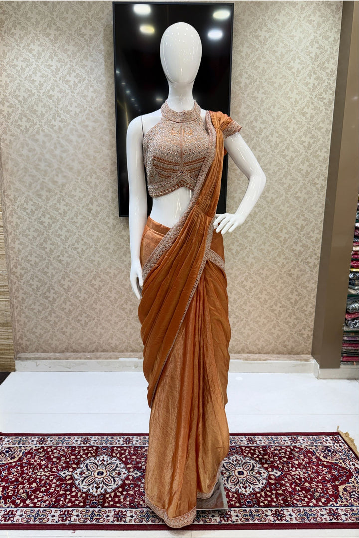 Orange Readymade Saree with Pearl, Zari Thread, Mirror and Stone work Readymade Blouse