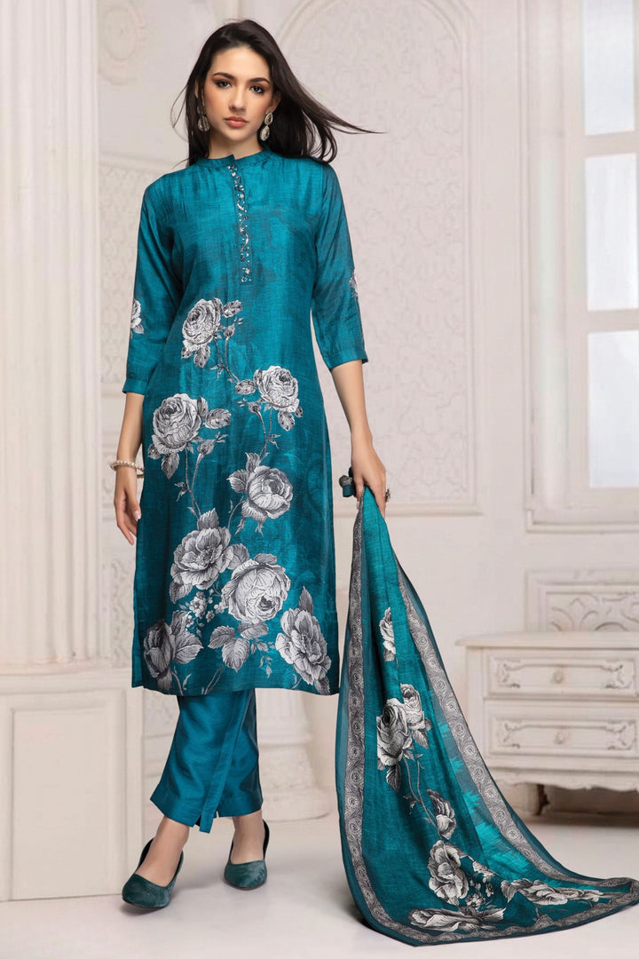 Blue Sequins and Beads work with Floral Print Straight Kurta Set