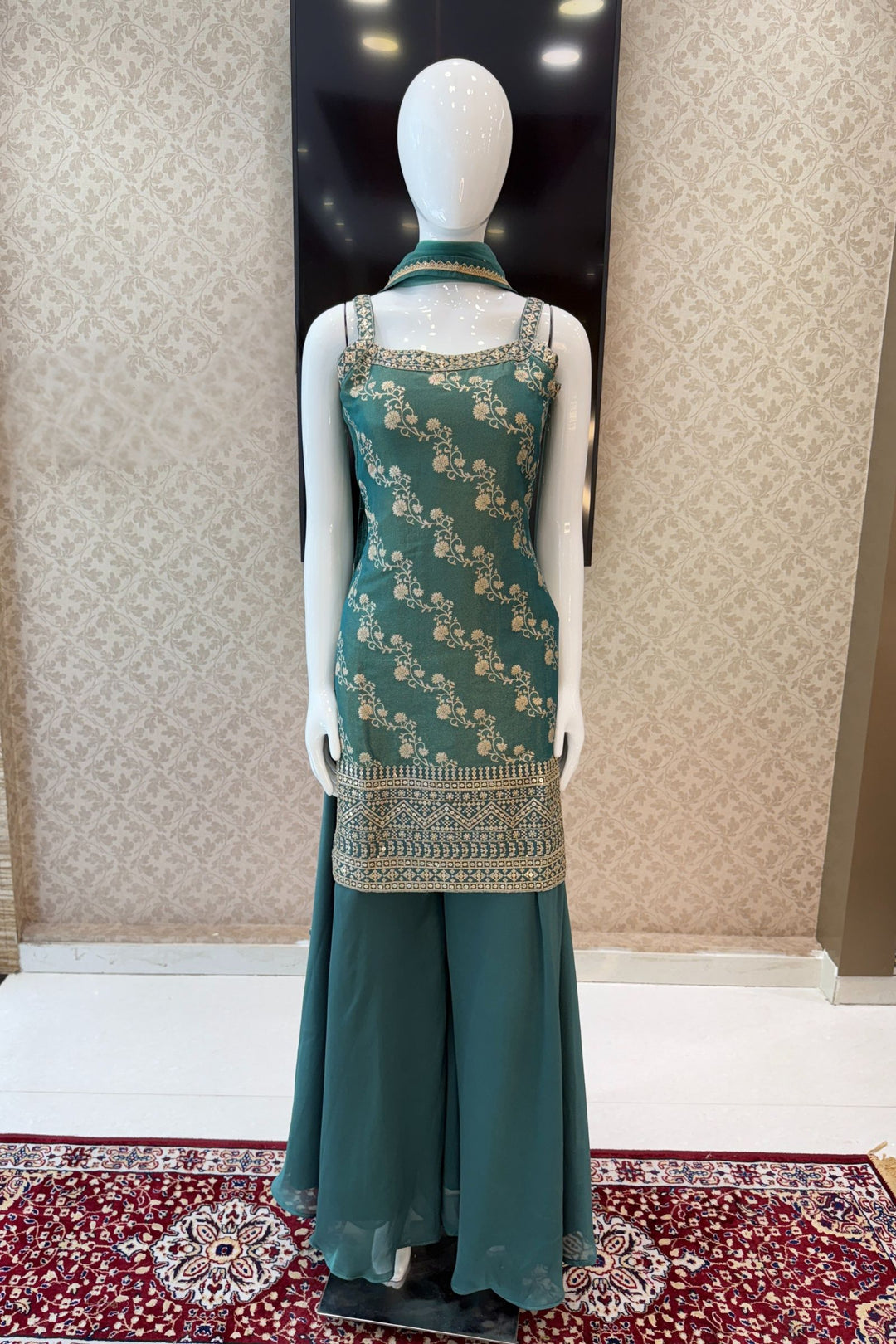 Sea Green Zari, Sequins and Banaras work Palazzo Salwar Suit