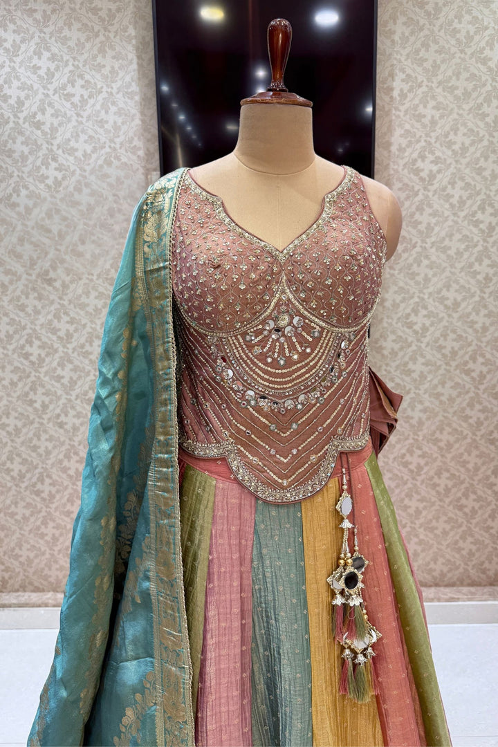 Onion Pink Beads, Stone, Sequins, Mirror and Zari work with Multicolor Lehenga Set