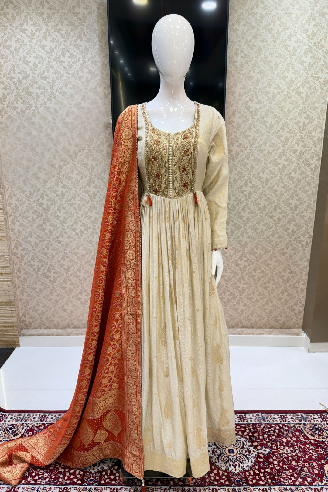 Beige Beads, Zardozi, Sequins, Mirror and Banaras work Floor Length Anarkali Suit